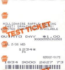 Sample ticket of the Pennsylvania Lottery's newest game, Quinto.