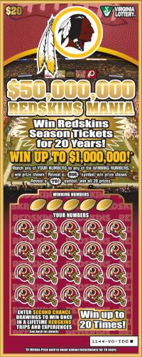 The new Redskins scratch ticket from the Virginia Lottery offers prizes ranging from $20 to $1 million, and a variety of Redskins-themed second-chance prizes for non-winning tickets.