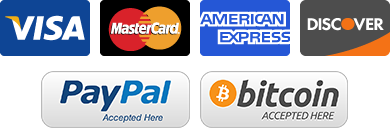Pay by Credit Card (Visa, MasterCard, American Express, Discover), PayPal, or Bitcoin