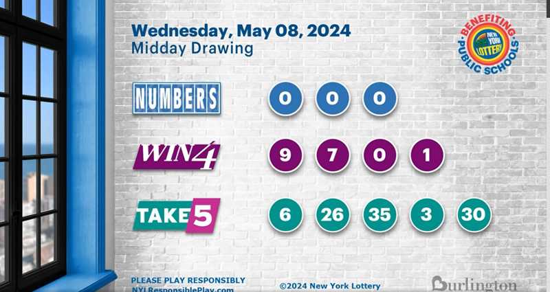 Midday 05 08 2024 New York Daily NUMBERS, WIN4 and TAKE 5 draw