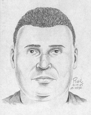 Police describe the suspect in this sketch as a male Hispanic, between 28 and 32-years-old, standing about five-feet-seven inches tall and weighing about 190 pounds.